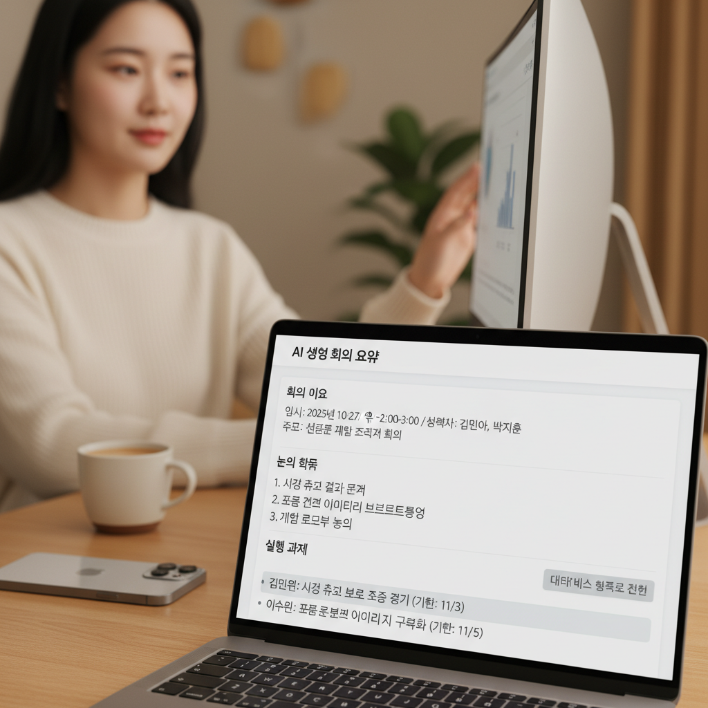 Notion AI가 생성한 회의 요약 및 액션 아이템 목록이 표시된 노션 페이지 스크린샷.