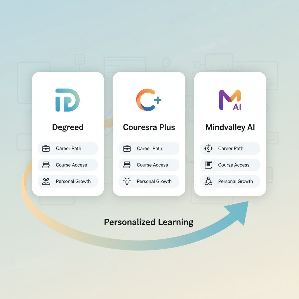 Degreed, Coursera Plus, Mindvalley AI 툴의 로고와 핵심 기능을 시각적으로 비교한 인포그래픽