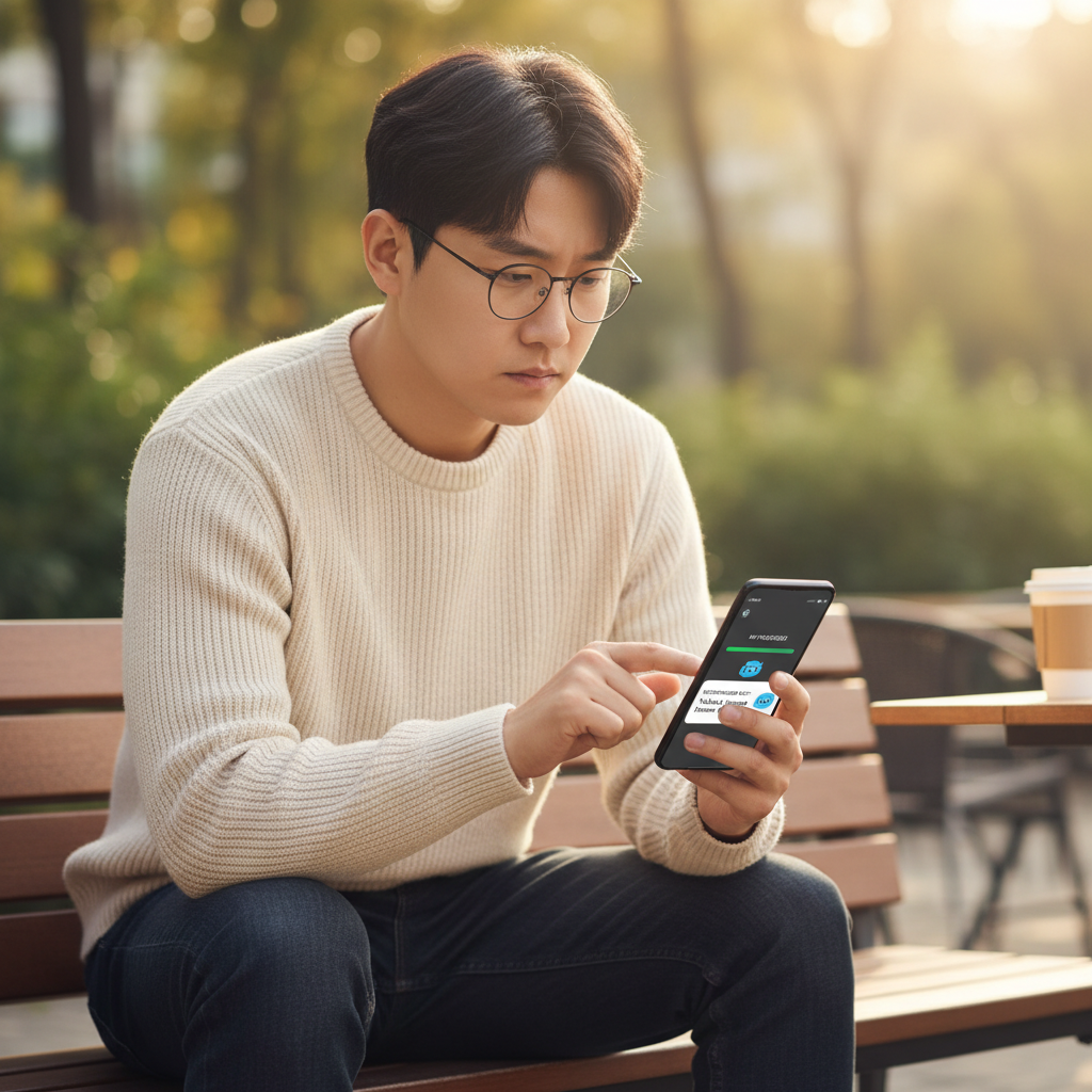 AI 학습 애플리케이션으로 개인화된 학습 진행 상황을 스마트폰으로 확인하는 한국인 남성