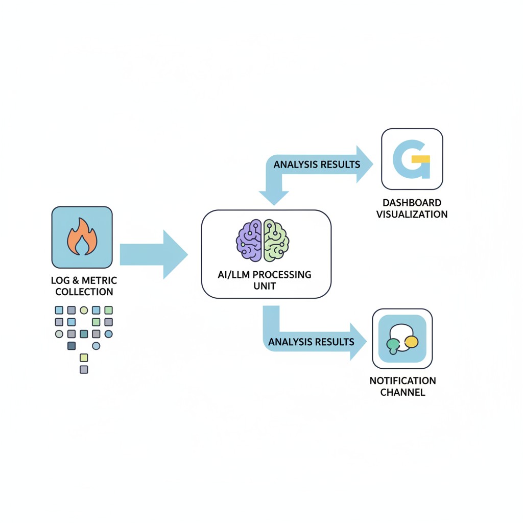 Prometheus, Grafana, AI, LLM이 연동된 이상 탐지 및 근본 원인 분석 아키텍처 다이어그램