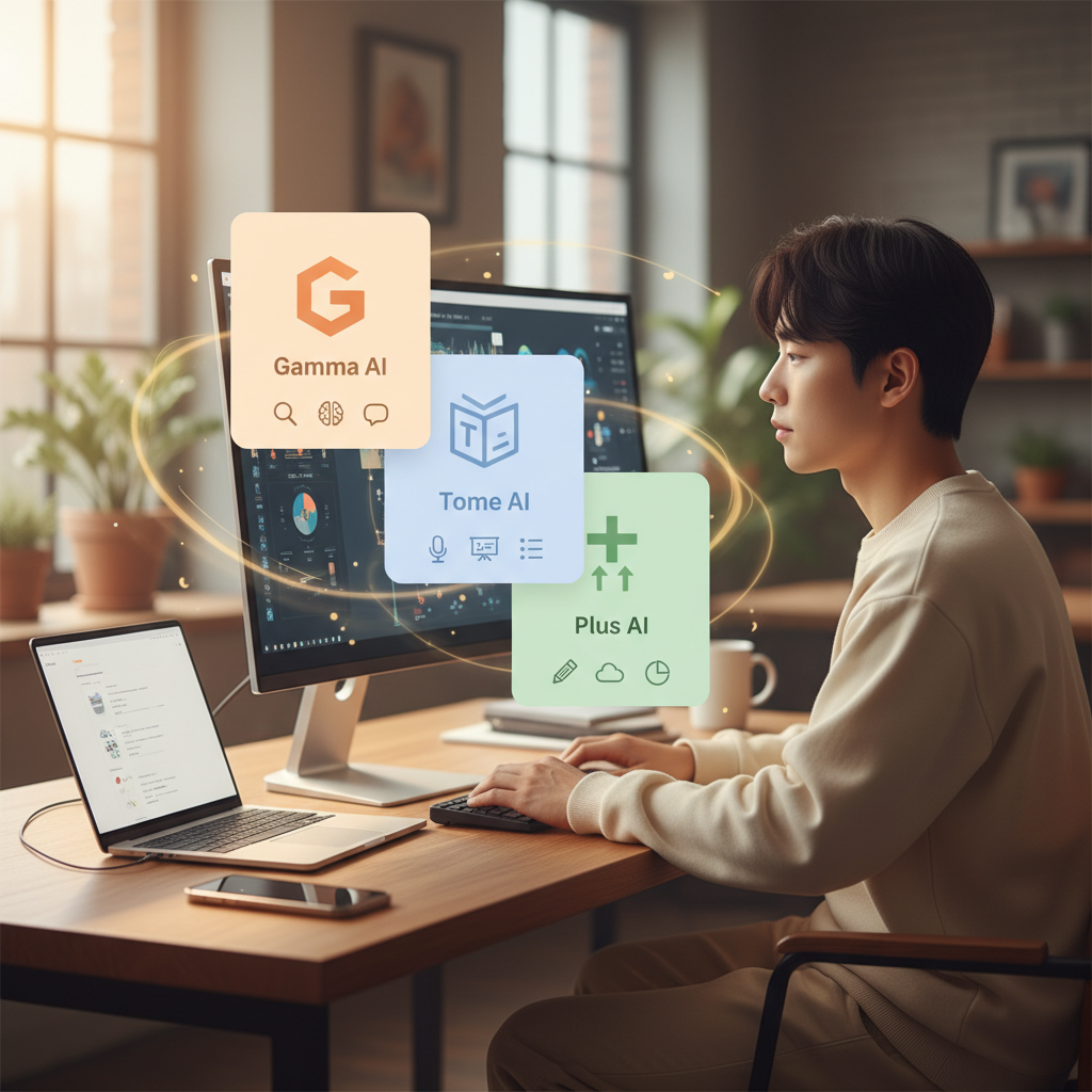 AI 기반 보고서/제안서 작성 툴 Gamma, Tome, Plus AI를 상징하는 카드 일러스트