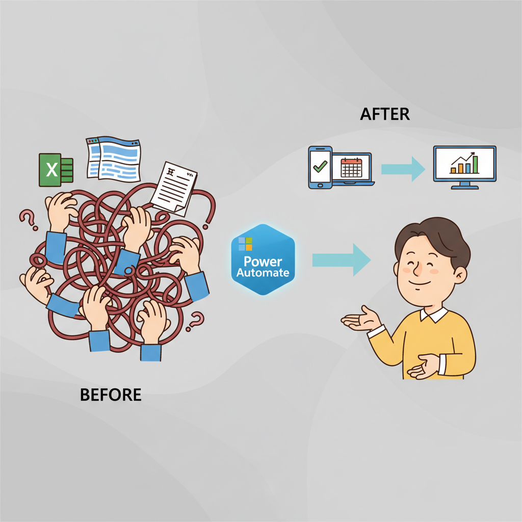반복적인 수동 업무의 비효율성을 Power Automate RPA 자동화로 해결하는 과정을 시각화한 다이어그램