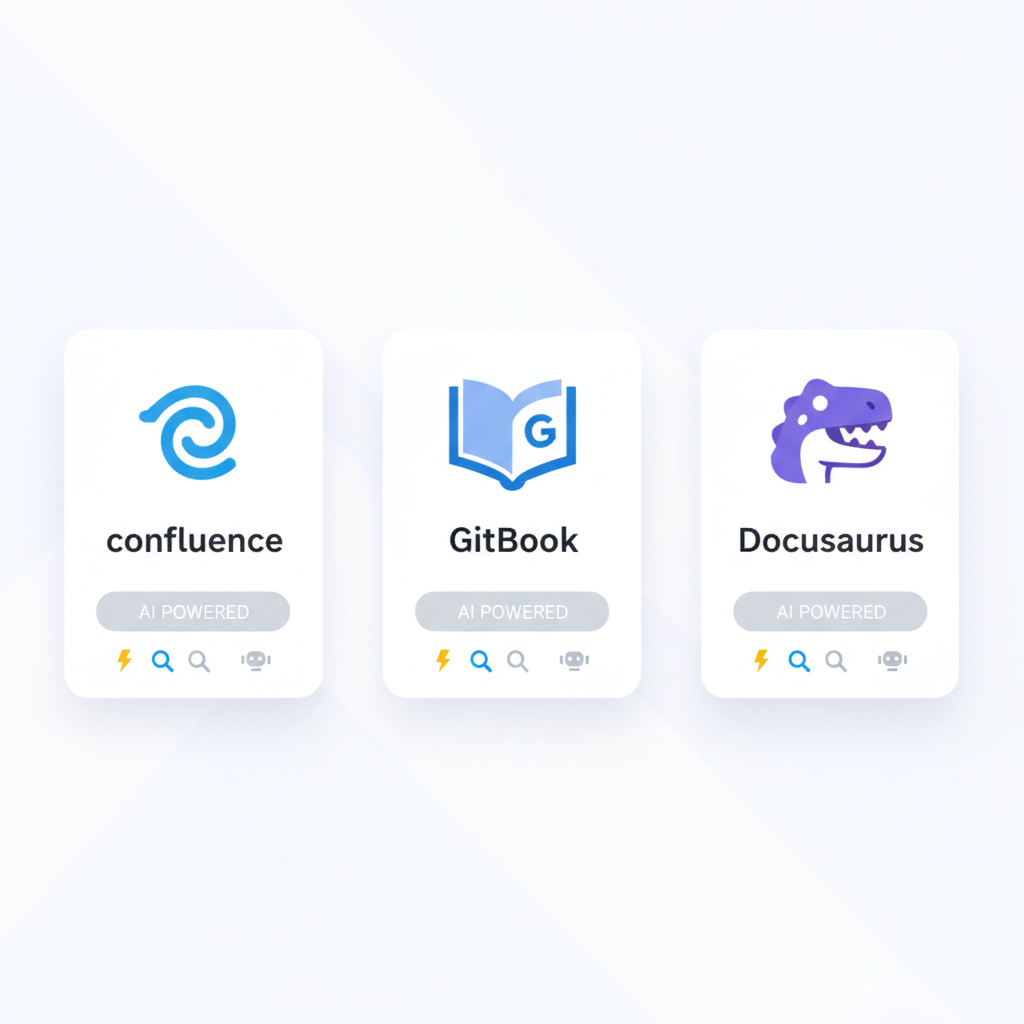 Confluence AI, GitBook AI, Docusaurus AI 연동 툴 로고와 핵심 기능을 시각적으로 비교한 일러스트