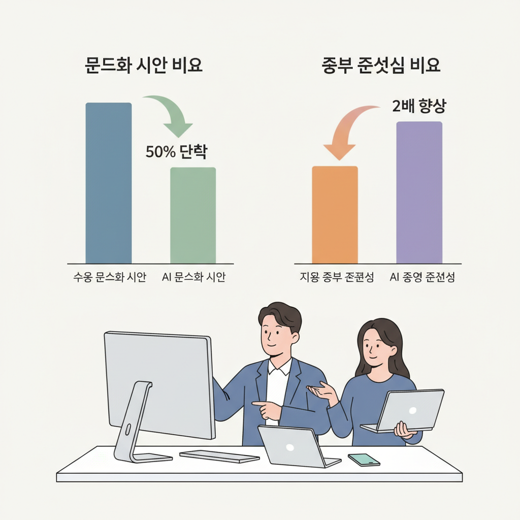 AI 문서화 툴 도입 후 문서화 시간 50% 단축 및 정보 접근성 2배 향상을 보여주는 통계 그래프