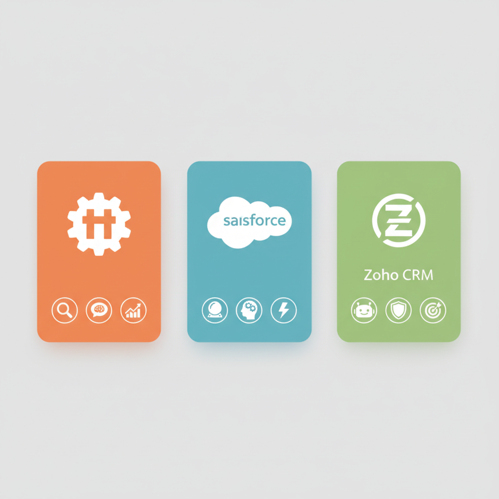 HubSpot Sales Hub, Salesforce Sales Cloud, Zoho CRM Plus 로고를 통한 AI 영업 툴 기능 비교 일러스트