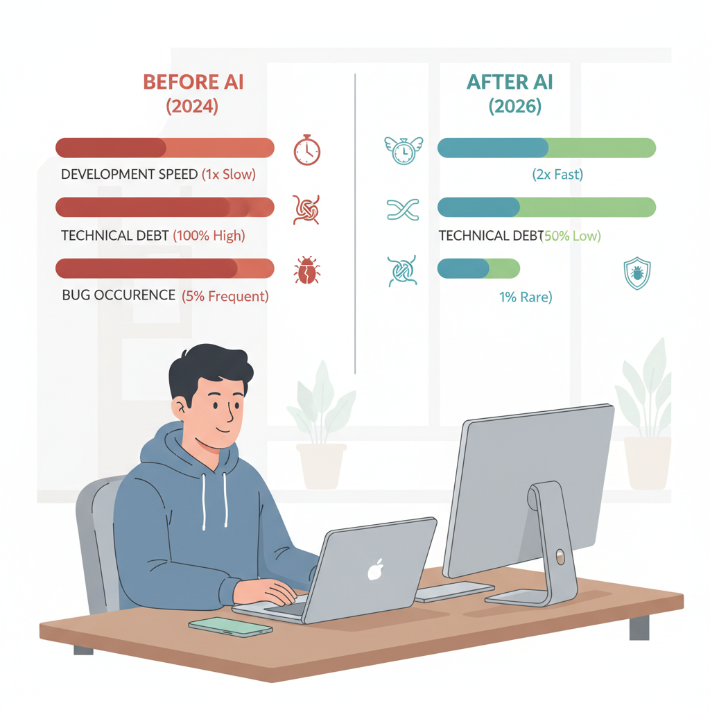 AI 기반 코드 현대화 전후의 개발 속도, 기술 부채, 버그 발생률 변화를 보여주는 인포그래픽 차트