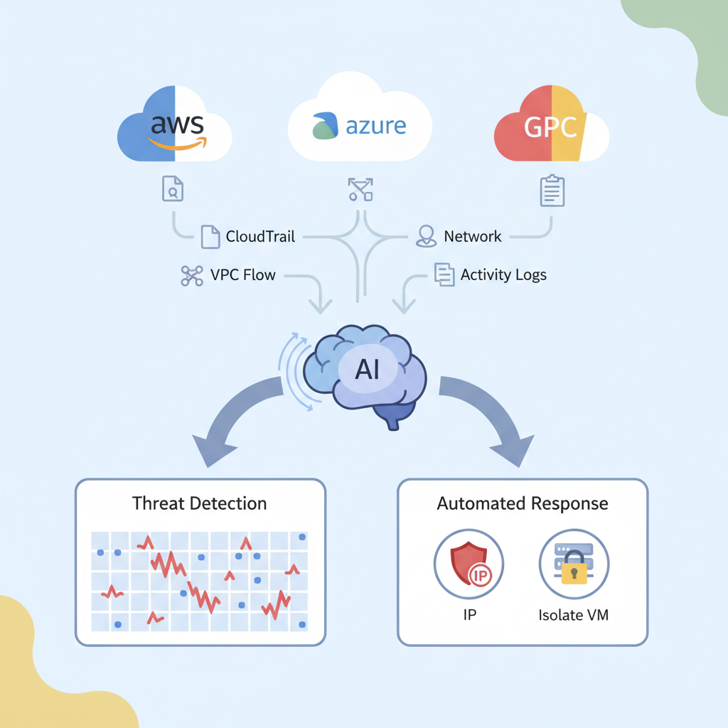 AI 기반 클라우드 보안 위협 탐지 및 자동 대응 워크플로우 인포그래픽: AWS, Azure, GCP 로그 분석 흐름