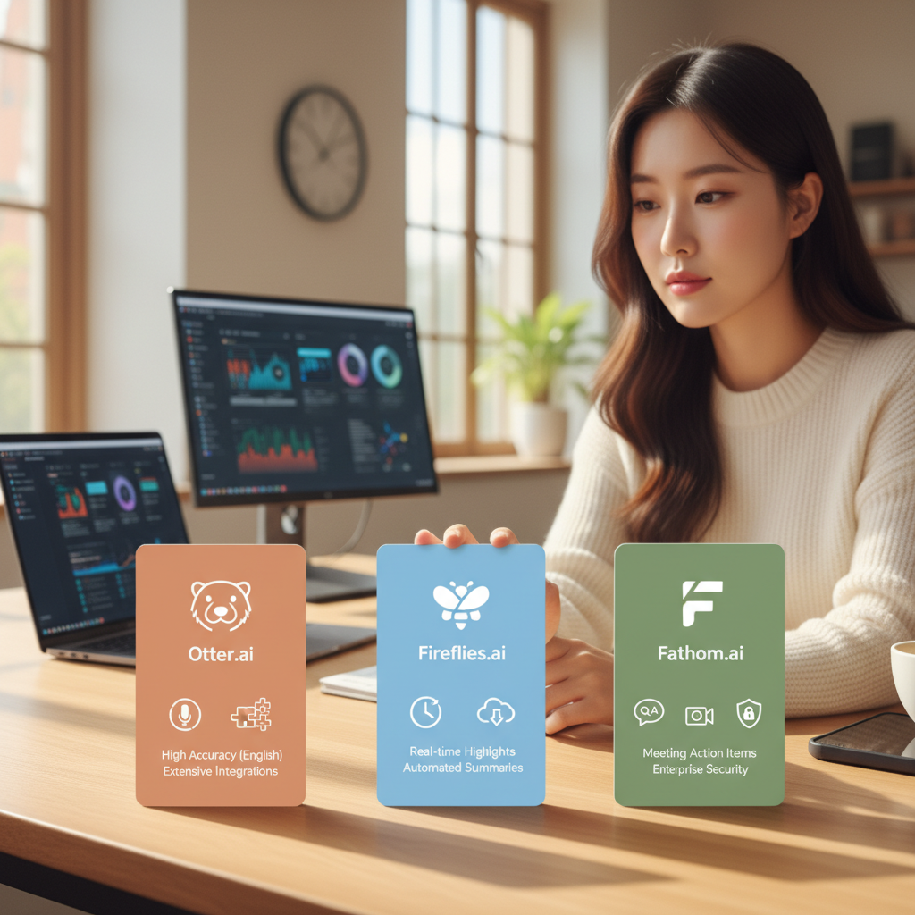 Otter.ai, Fireflies.ai, Fathom.ai 세 가지 AI 회의록 요약 툴의 로고와 핵심 기능이 각각 강조된 비교 카드 또는 타일 이미지