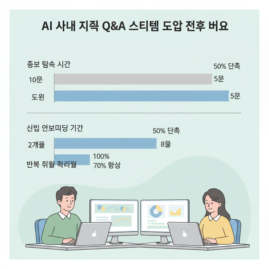 AI 사내 지식 Q&A 시스템 도입 전후 정보 탐색 시간, 온보딩 효율 등 주요 지표 변화 비교 막대 그래프