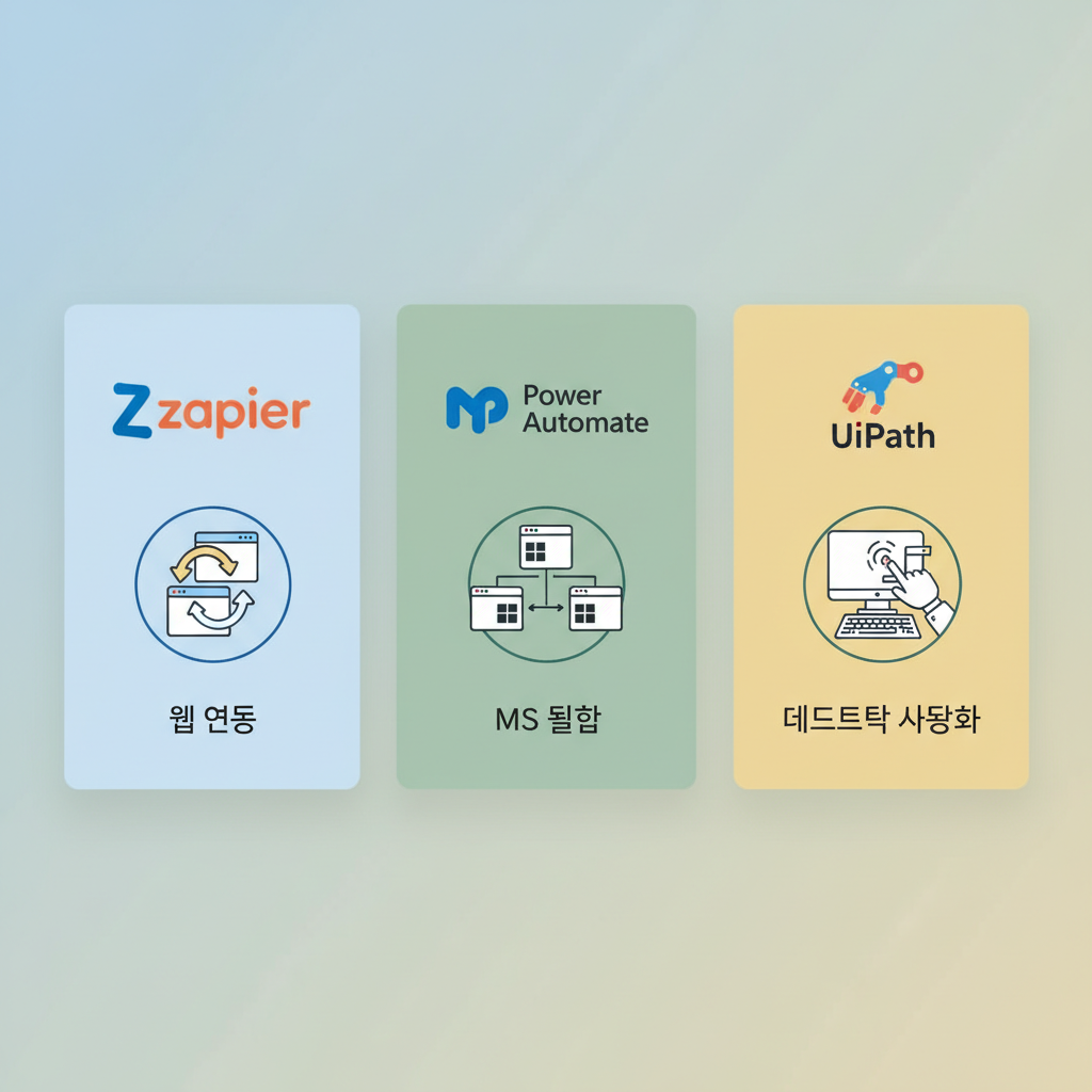 Zapier, Power Automate, RPA 세 가지 핵심 자동화 툴의 특징 비교 인포그래픽