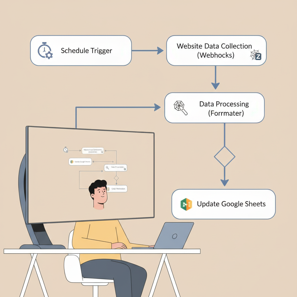 Zapier를 이용한 웹 데이터 수집 및 Google Sheets 보고서 자동화 워크플로우 다이어그램