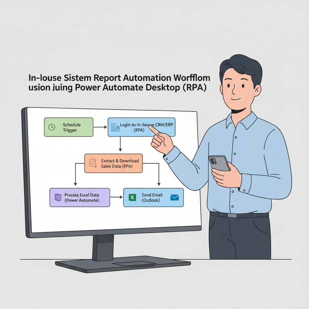 Power Automate Desktop RPA를 이용한 사내 시스템 데이터 연동 및 맞춤형 보고서 자동화 워크플로우 다이어그램