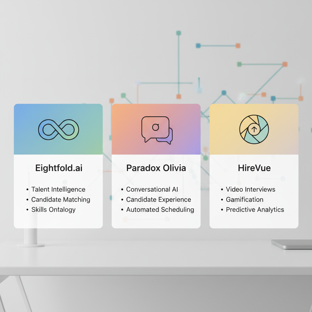 Eightfold.ai, Paradox Olivia, HireVue 등 3가지 AI 채용 관리 툴의 핵심 기능과 장점을 시각적으로 비교한 인포그래픽 카드
