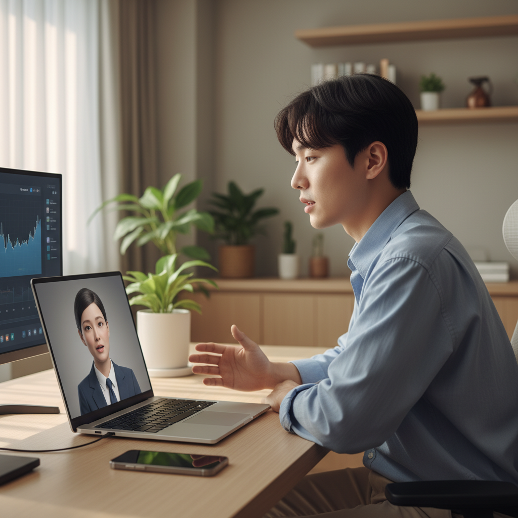 AI 면접을 대비하여 노트북 앞에서 모의 면접을 연습하는 한국인 구직자