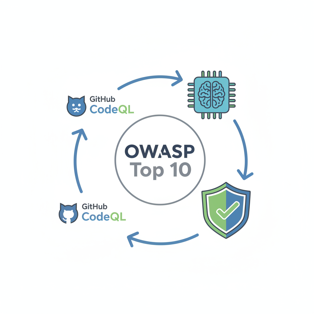 OWASP Top 10, CodeQL, AI, 보안 방패 아이콘이 연결된 AI 기반 보안 분석 개념 일러스트