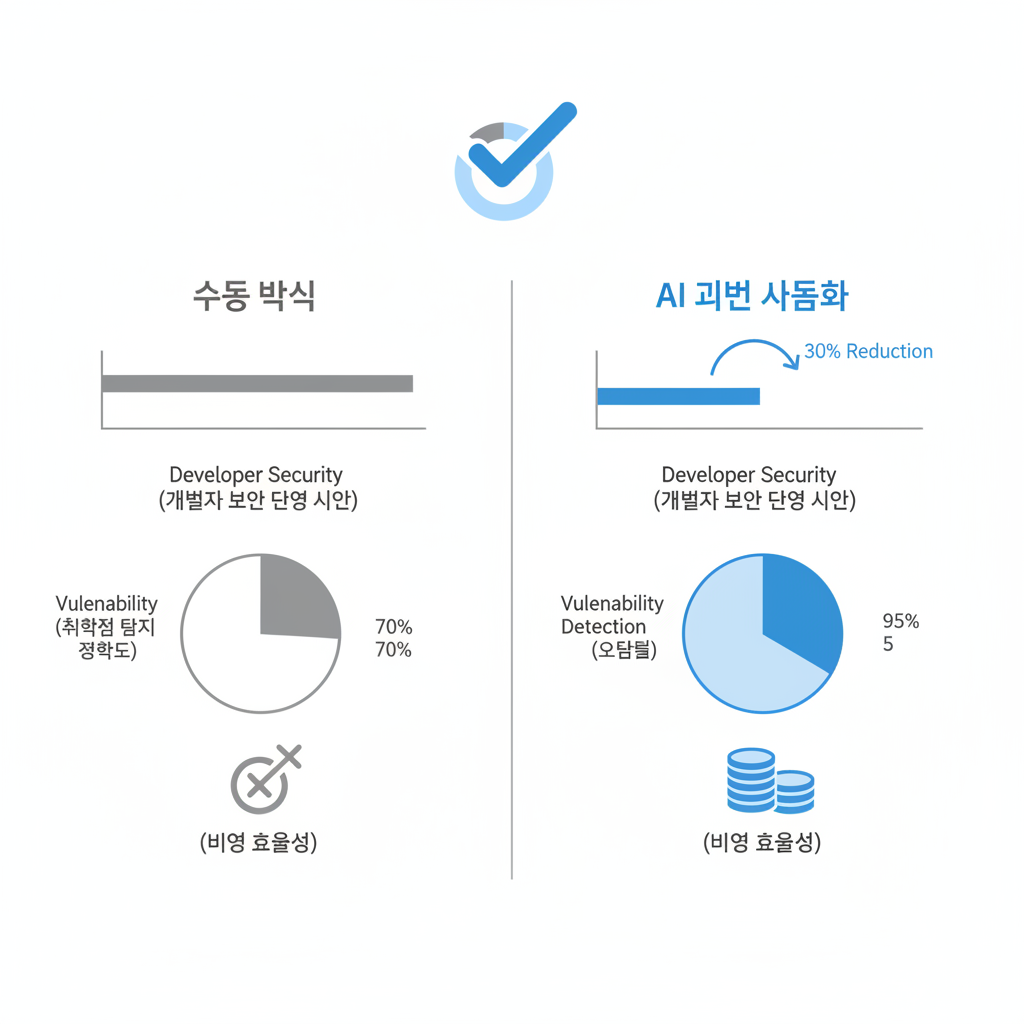수동 보안과 AI 기반 보안의 개발자 대응 시간, 정확도, 오탐률, 비용 효율성 비교 차트