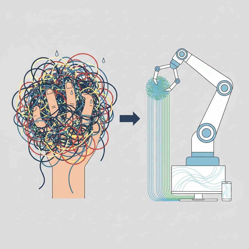 수동 테스트의 복잡성과 AI 테스트 자동화의 효율성을 대조하는 일러스트