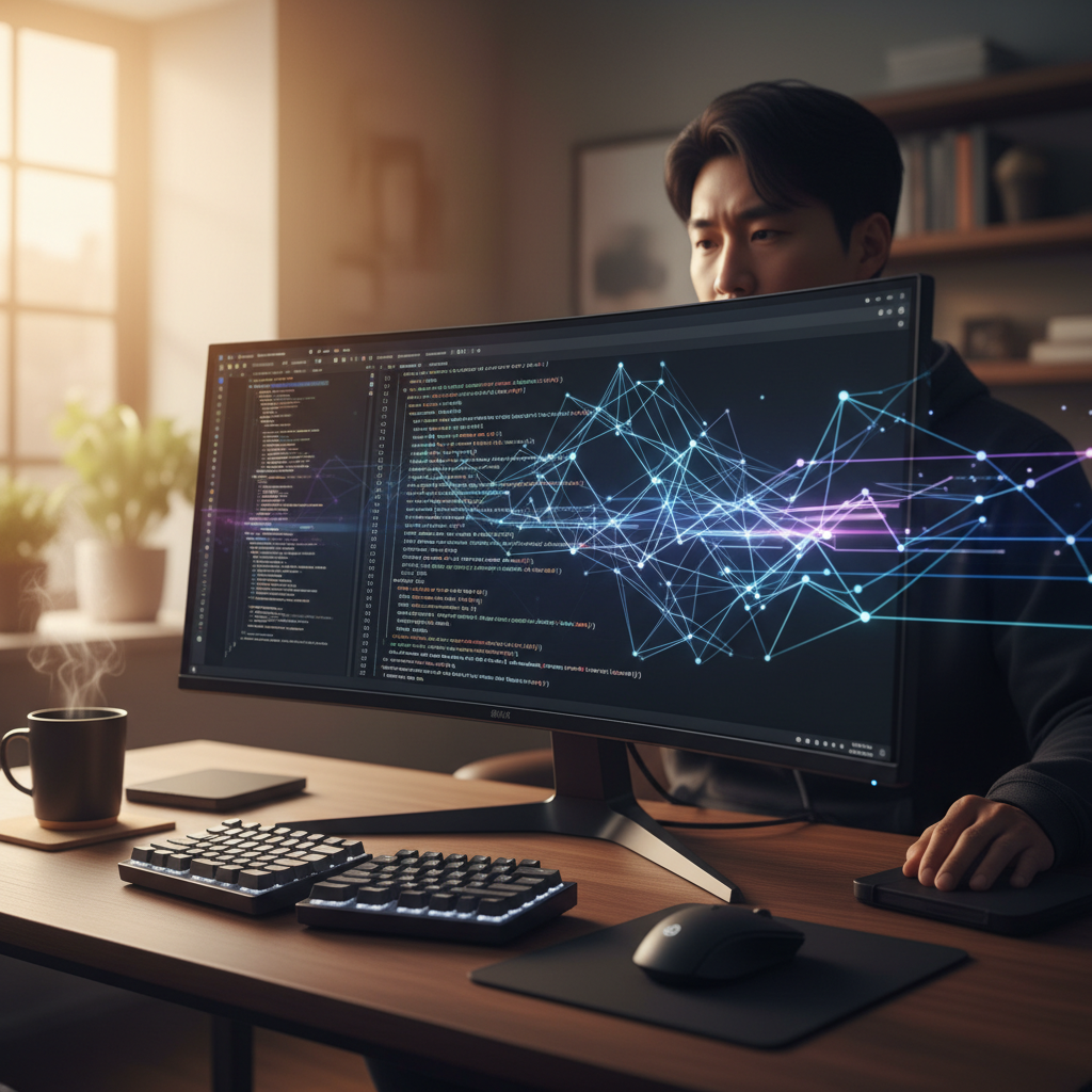 AI 기반 E2E 테스트 자동화 코드를 검토하는 한국인 개발자
