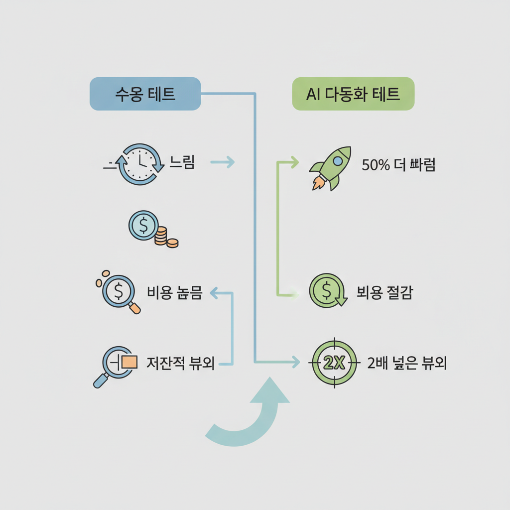 수동 테스트와 AI 자동화 테스트의 시간, 비용, 커버리지 효율성을 비교하는 인포그래픽