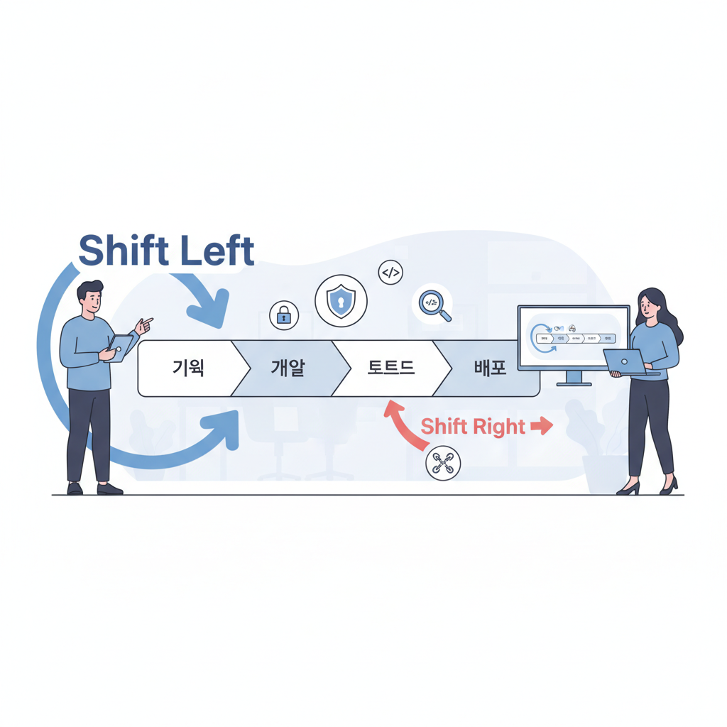 소프트웨어 개발 수명 주기(SDLC)에서 보안 활동을 초기에 통합하는 Shift Left Security 흐름도