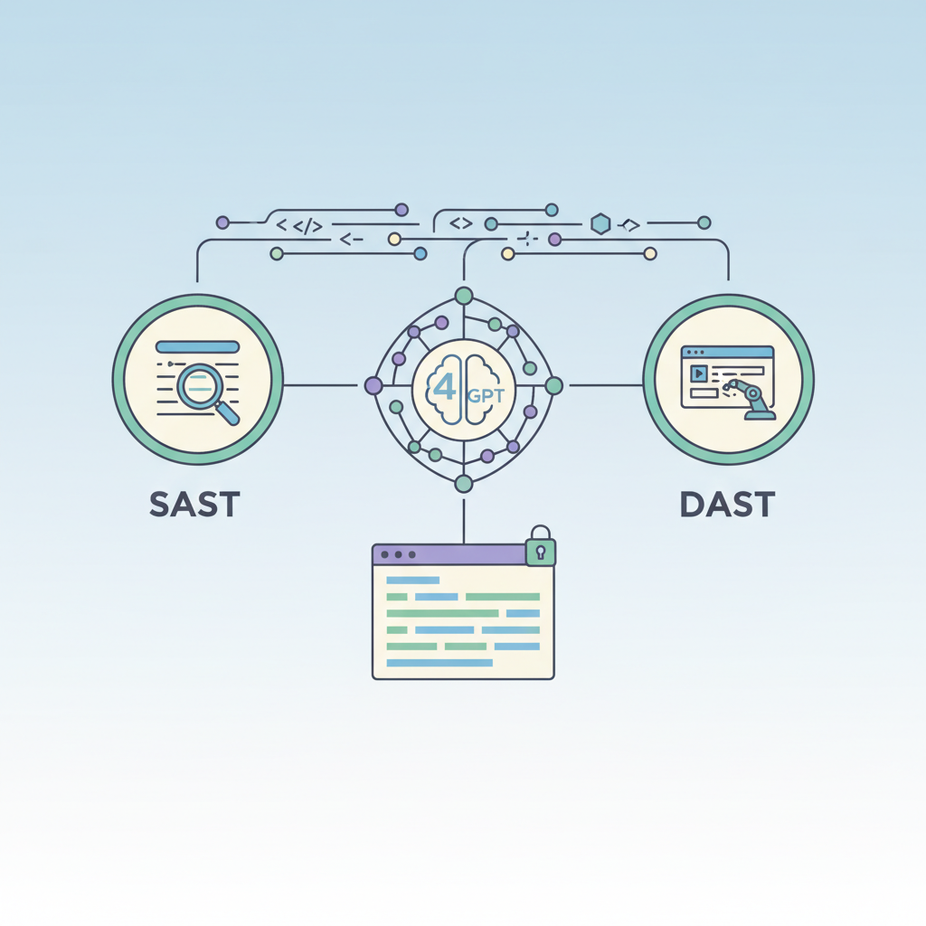 GPT-4 AI를 활용하여 SAST(정적) 및 DAST(동적) 코드 보안 분석을 수행하는 개념도