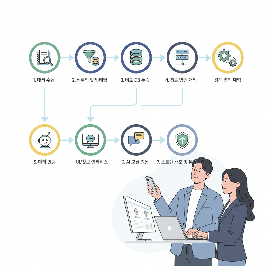 AI 내부 문서 검색 및 요약 시스템 구축을 위한 7단계 실전 가이드를 시각적으로 표현한 인포그래픽