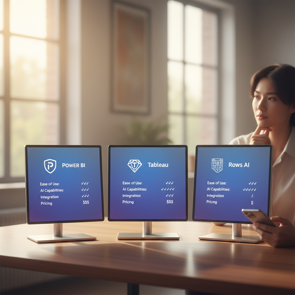Microsoft Power BI, Tableau, Rows AI 3대장 AI BI 툴 핵심 기능 비교 인포그래픽