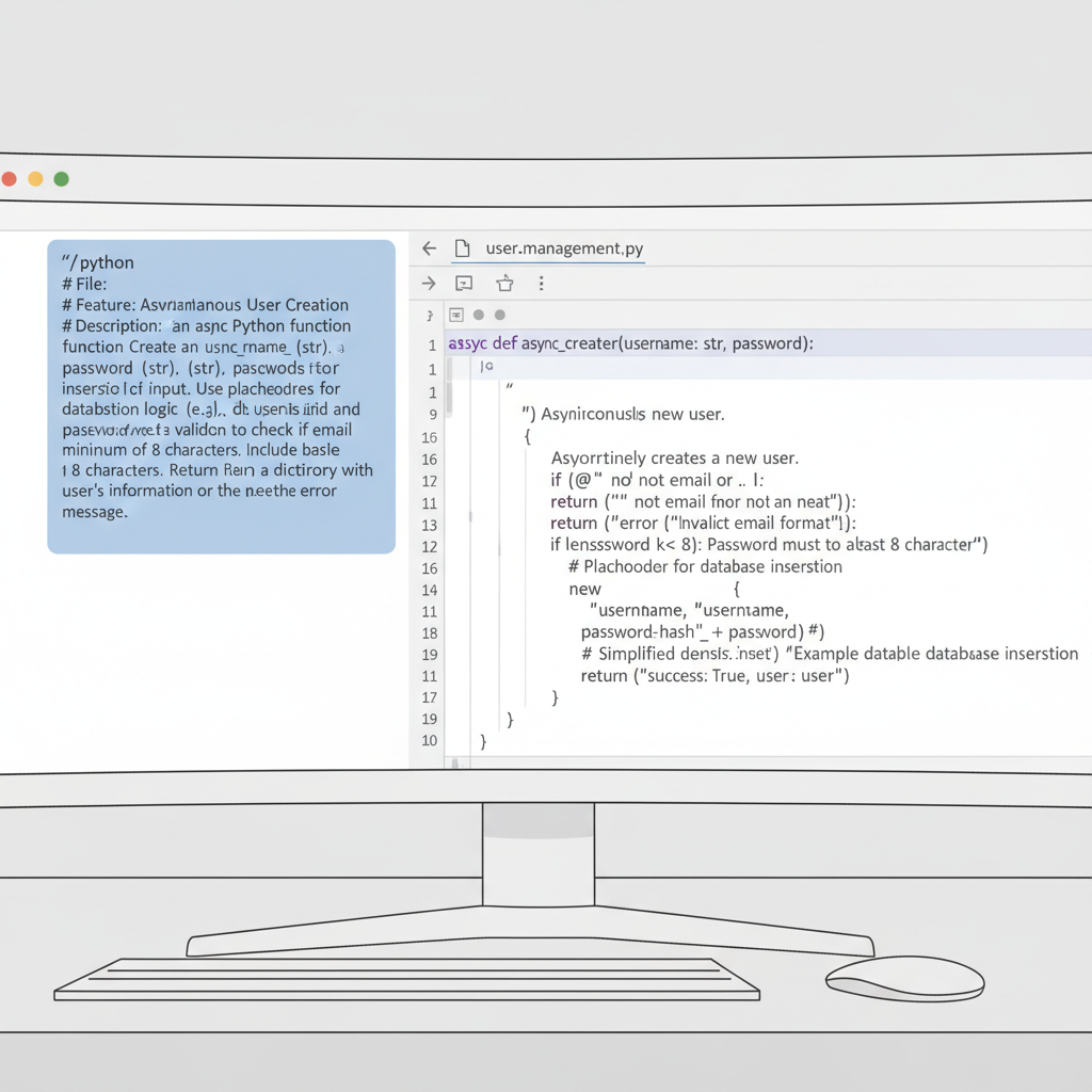 VS Code 화면에 GitHub Copilot Chat 패널이 열려 있고, 코드 에디터에는 Python 함수 <code>async_create_user</code>가 작성 중이며 Copilot의 인라인 코드 제안이 활성화된 모습. 채팅 패널에는 구체적인 함수 작성을 요청하는 프롬프트가 표시되어 있다.