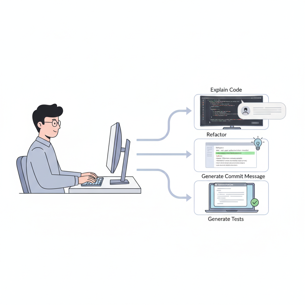 JetBrains IDE 환경에서 AI Assistant가 코드 설명, 리팩토링 제안, 커밋 메시지 생성, 테스트 코드 생성 등 다양한 개발 작업을 지원하는 워크플로우 다이어그램. 개발자가 AI 도구를 활용하는 과정이 화살표와 아이콘으로 시각화되어 있다.