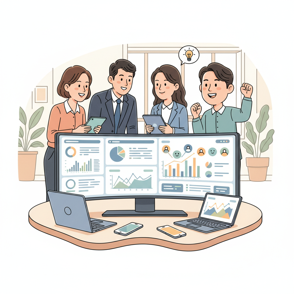 AI 기반 채용 대시보드를 보며 미래 HR 전략을 논의하는 한국인 HR 전문가 팀