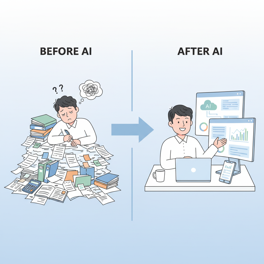 AI 도입 전후의 비즈니스 보고서 작성 효율성 비교 인포그래픽