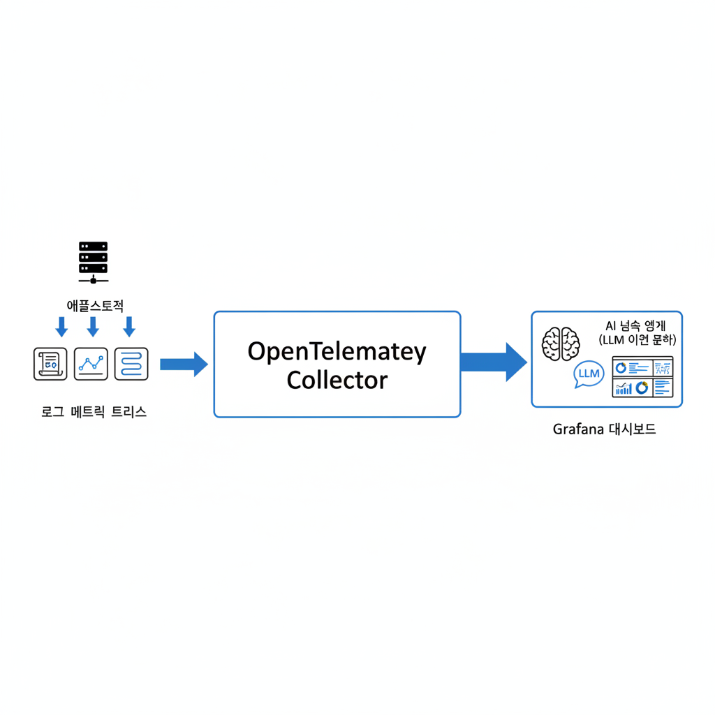 OpenTelemetry Collector를 통한 로그, 메트릭, 트레이스 데이터 수집 및 AI 분석, Grafana 시각화 파이프라인 SVG 다이어그램