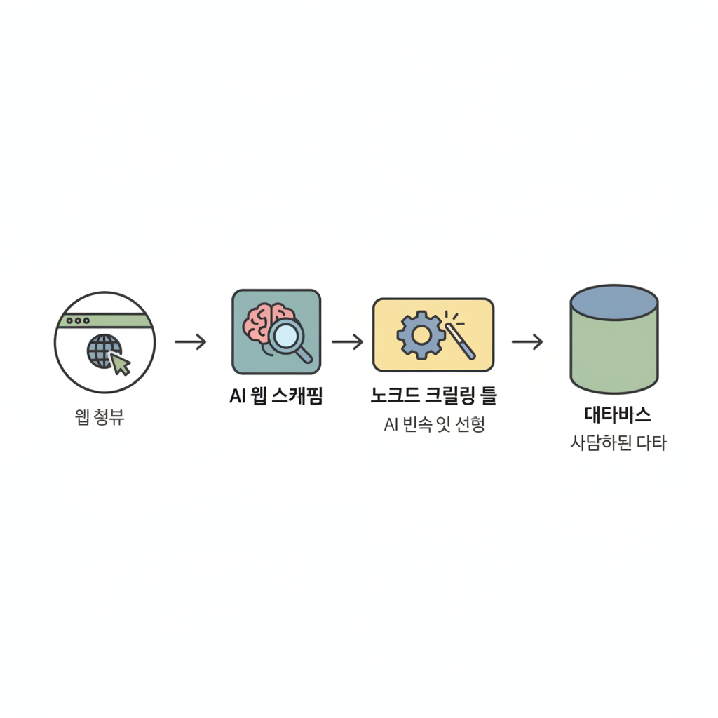 AI 웹 스크래핑 및 노코드 크롤링을 통한 웹 데이터 자동 수집 흐름 다이어그램