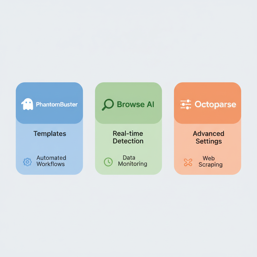 PhantomBuster, Browse AI, Octoparse 노코드 웹 스크래핑 툴 3가지 비교 일러스트