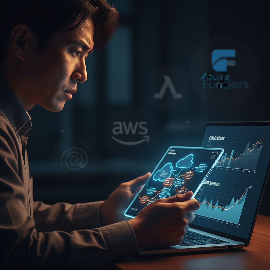 한국인 개발자가 노트북과 태블릿으로 AI Serverless 성능 및 비용 최적화 방안을 검토하는 모습