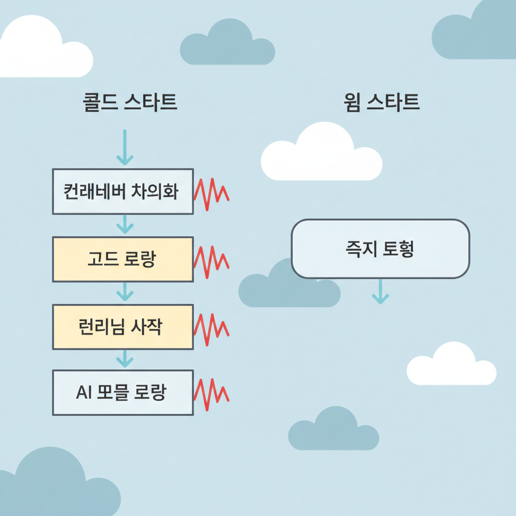 Serverless 함수의 콜드 스타트(긴 지연)와 웜 스타트(빠른 실행) 과정을 비교하는 다이어그램