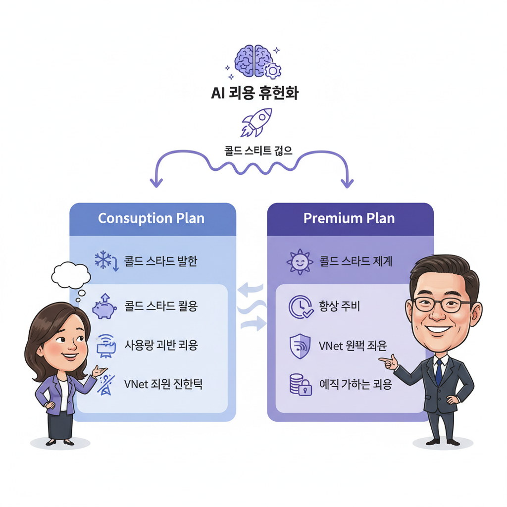 Azure Functions의 Consumption Plan과 Premium Plan을 AI 워크로드 관점에서 비교하고 콜드 스타트 완화 효과를 보여주는 인포그래픽