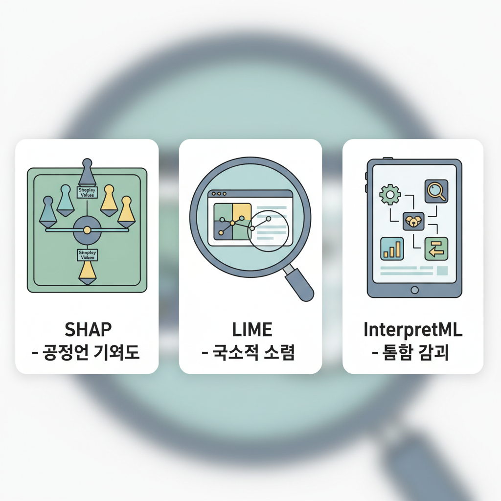 SHAP, LIME, InterpretML 각 툴의 핵심 원리를 상징하는 아이콘과 짧은 설명이 담긴 세 개의 카드가 나란히 놓인 일러스트
