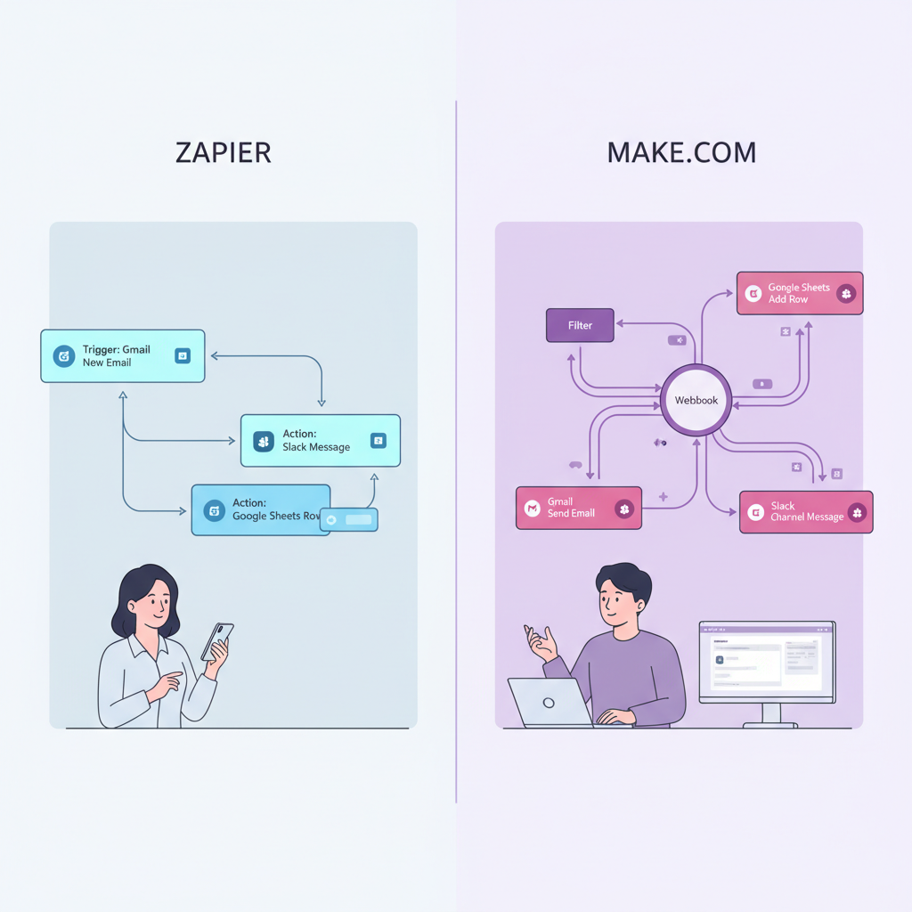 Zapier의 선형적 트리거-액션 워크플로우와 Make.com의 시각적 노드 기반 워크플로우를 비교하는 인포그래픽
