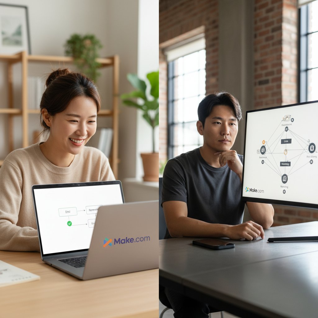 단순 자동화를 위한 Zapier 사용자와 복잡한 워크플로우 설계를 위한 Make.com 사용자를 보여주는 분할 화면 이미지