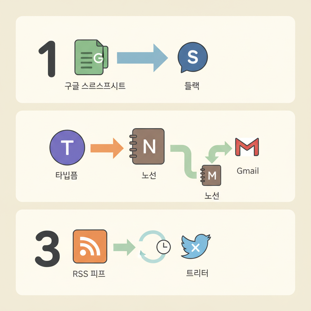 Google Sheets-Slack, Typeform-Notion-Gmail, RSS-Twitter 자동화 워크플로우 예시 3가지를 단계별로 보여주는 인포그래픽