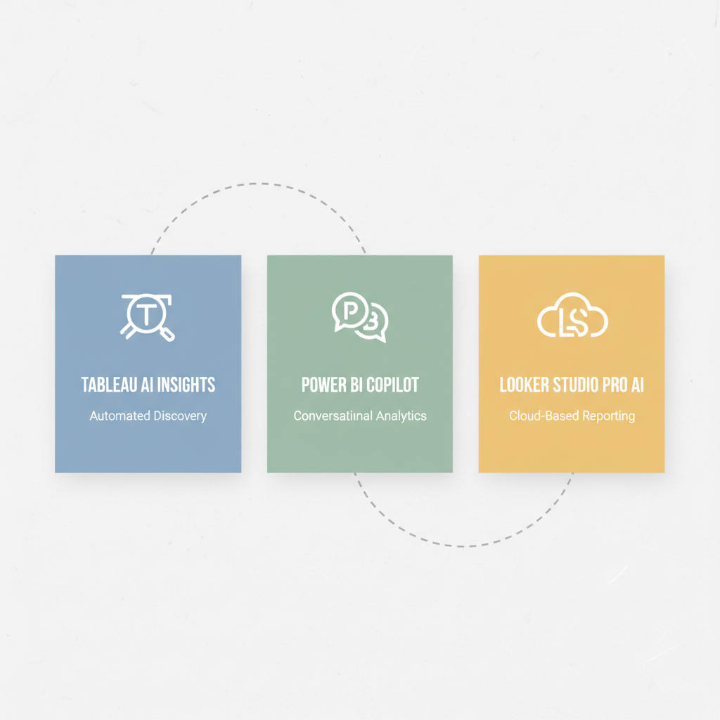 Tableau AI Insights, Power BI Copilot, Looker Studio Pro AI 툴 로고와 핵심 특징 비교 일러스트