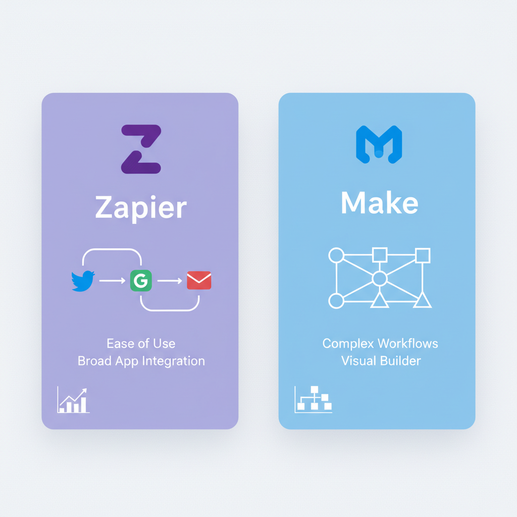 Zapier와 Make(구 Integromat)의 주요 특징과 강점을 시각적으로 비교한 표