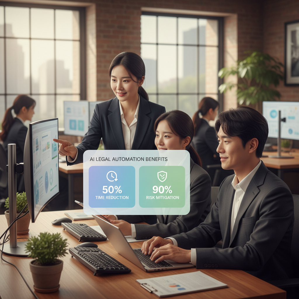 AI 법무 자동화의 핵심 이점: 업무 시간 단축 50% 및 법률 리스크 감소 90% 인포그래픽