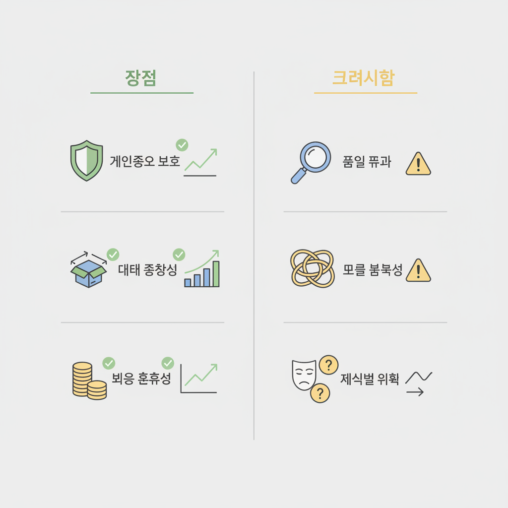 합성 데이터의 주요 장점 (개인정보 보호, 데이터 확장성, 비용 효율성)과 현명한 활용을 위한 고려사항 (품질 평가, 모델 복잡성, 재식별 위험)을 시각화한 인포그래픽