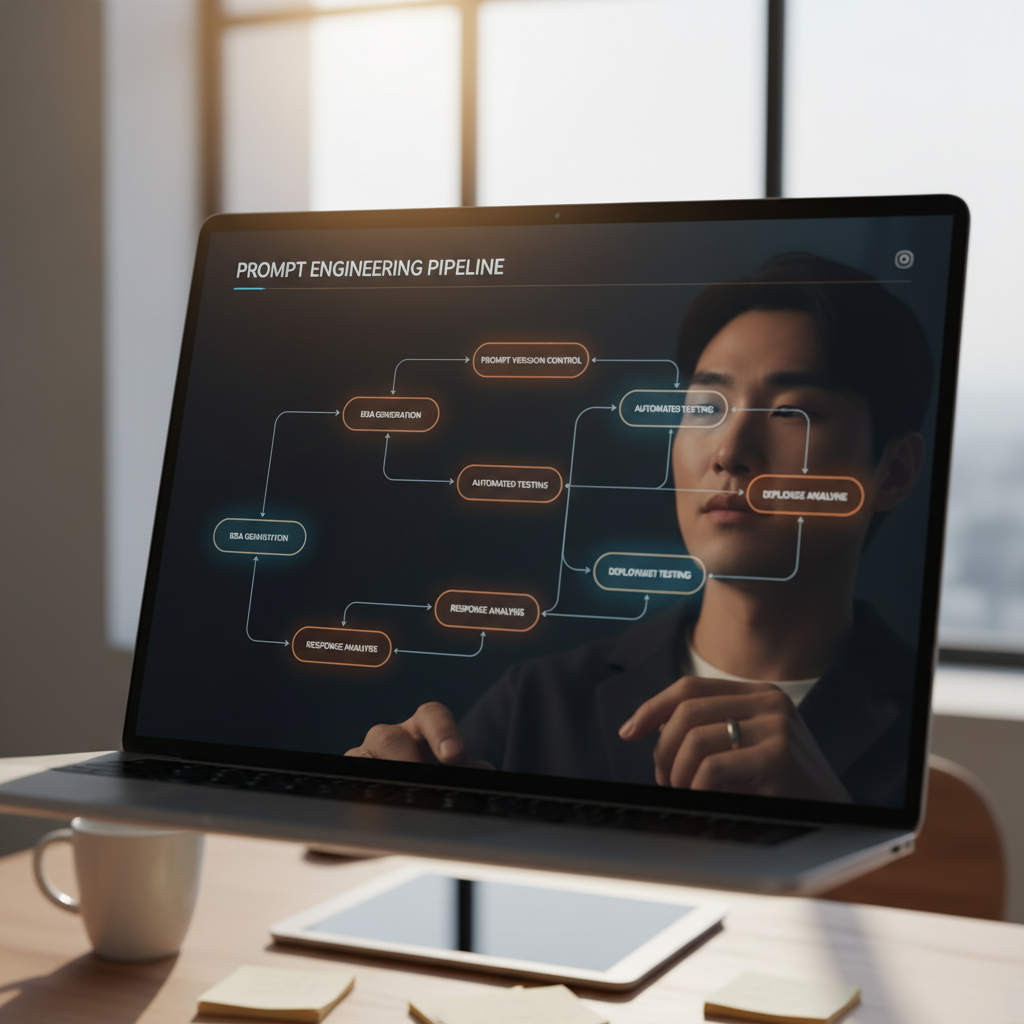 AI 기반 프롬프트 엔지니어링 워크플로우를 노트북 화면으로 확인하며 작업 효율을 높이는 한국인 개발자