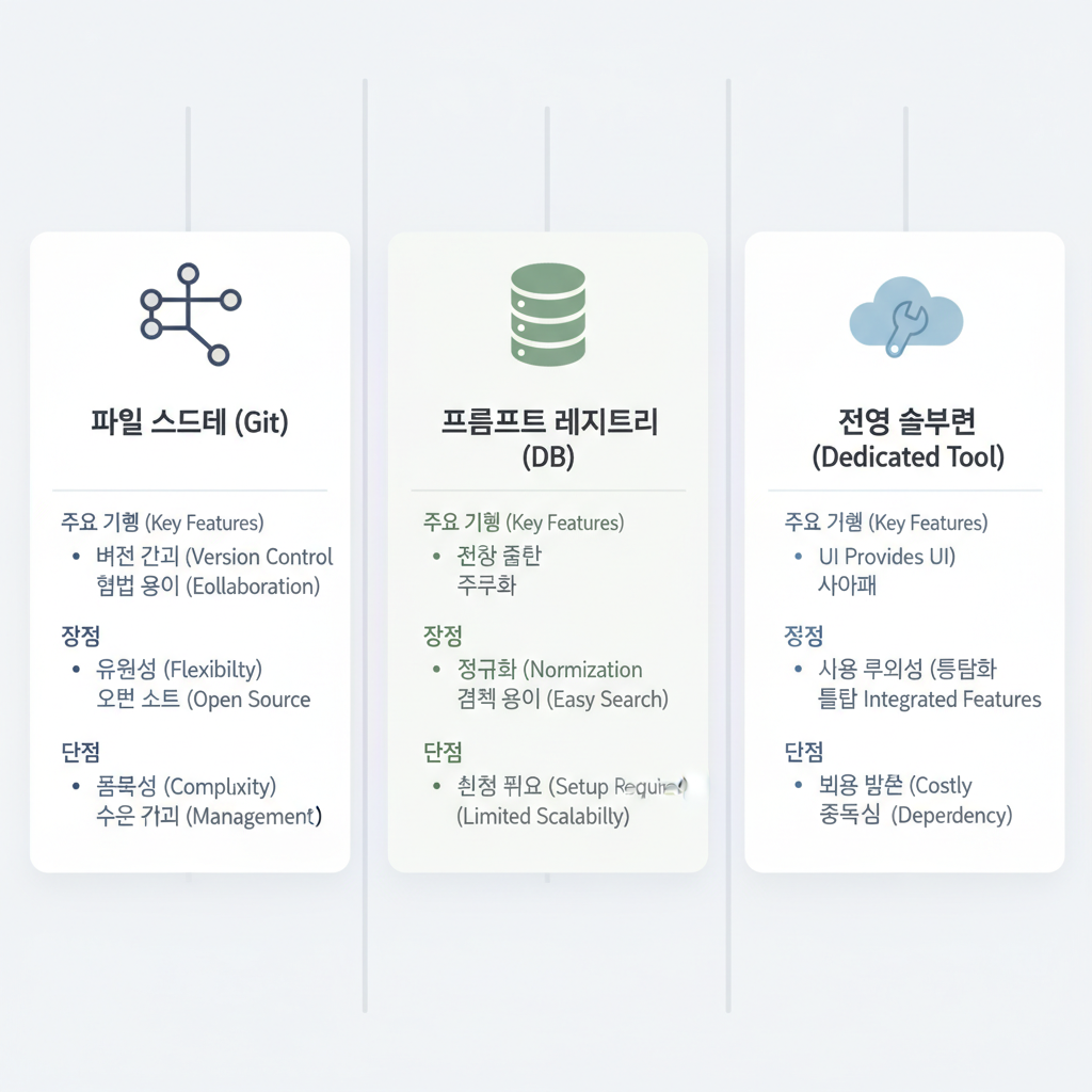 프롬프트 버전 관리를 위한 파일 시스템, 프롬프트 레지스트리, 전용 솔루션의 세 가지 전략을 비교하는 SVG 인포그래픽