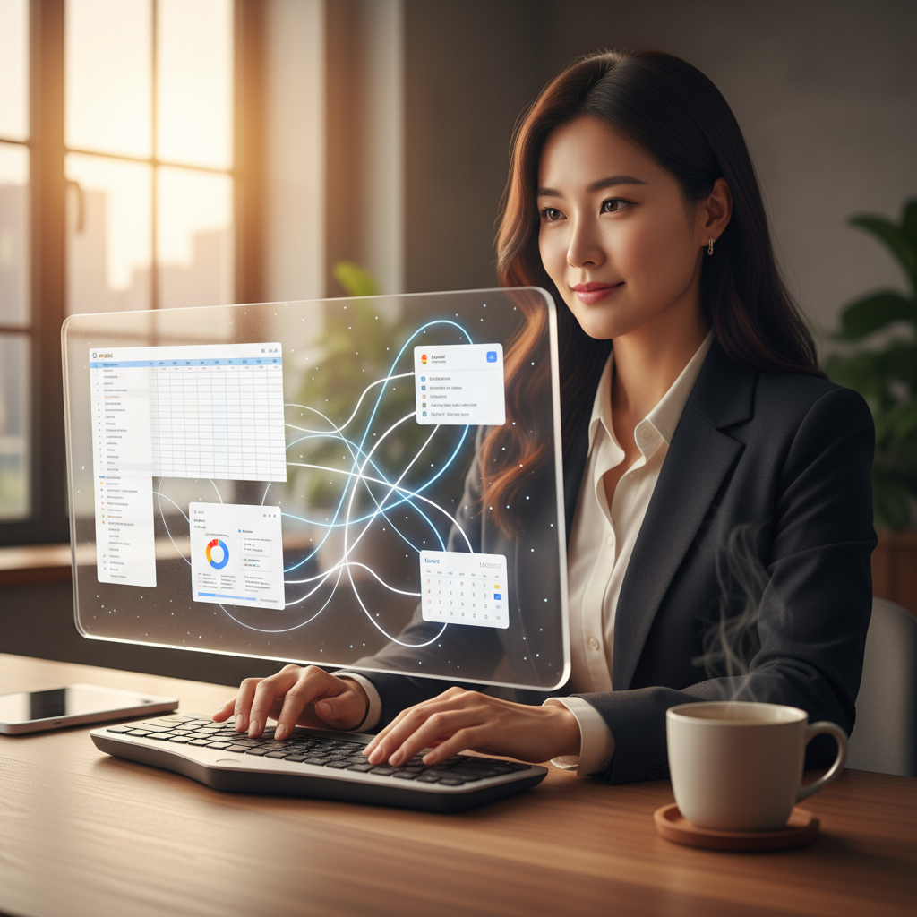 Google Sheets, Gmail, 캘린더가 연동되어 업무가 자동화되는 노트북 화면을 자신감 있게 바라보는 30대 한국인 여성 직장인의 모습. 현대적인 사무실 환경에서 생산성을 상징합니다.