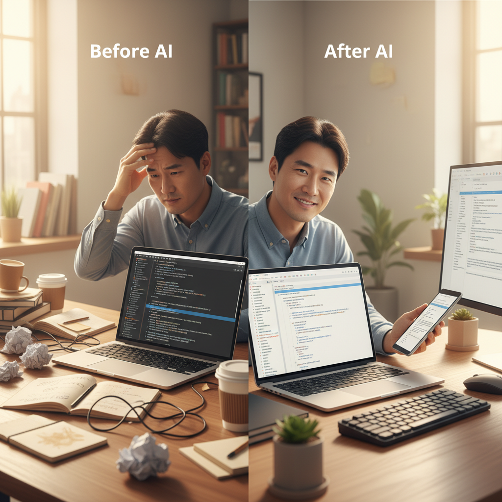 수동 문서화의 복잡성과 AI 자동 문서화의 깔끔함을 시각적으로 비교한 그림