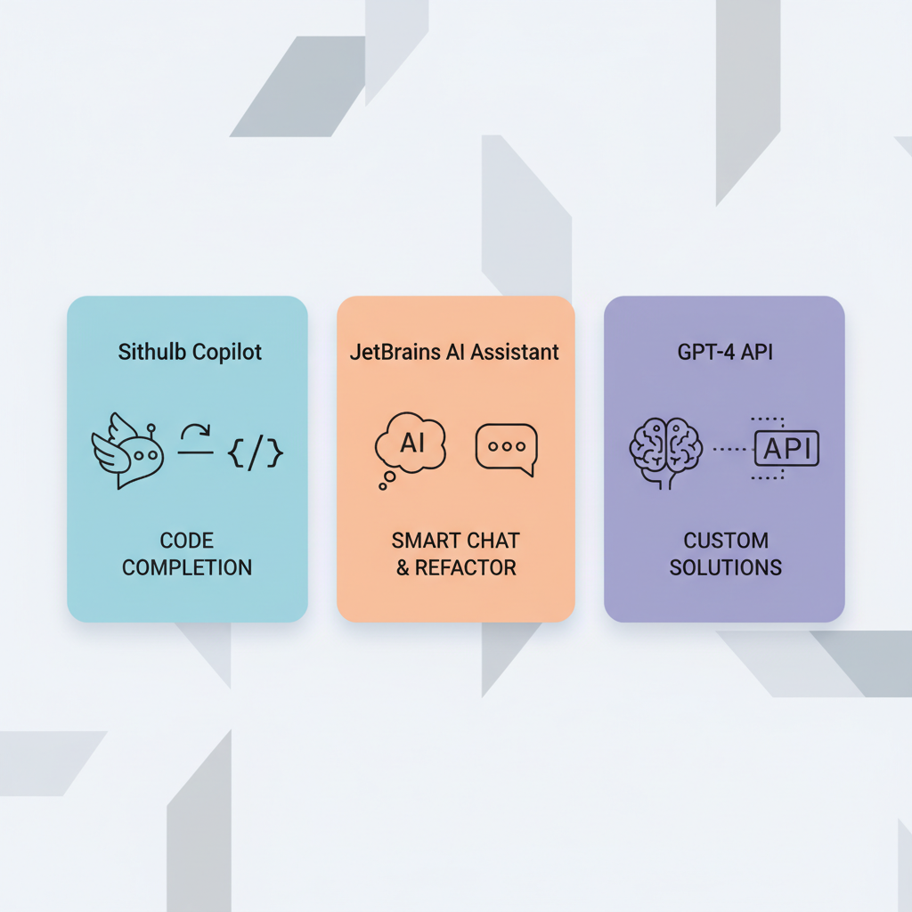 GitHub Copilot, JetBrains AI Assistant, GPT-4 API의 주요 기능을 나타내는 비교 아이콘 카드